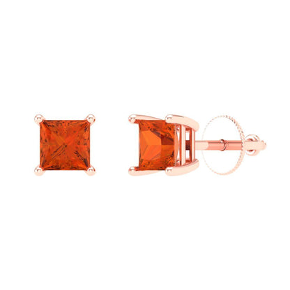 0.5 ctw Red Zirconia Studs Earrings | 3.5mm Princess Cut White Gold Screw back | April Birthstone