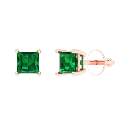 0.5 ctw Emerald Studs Earrings | 3.5mm Princess Cut White Gold Screw back | May Birthstone