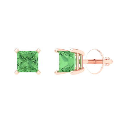 0.5 ctw Green Zirconia Studs Earrings | 3.5mm Princess Cut White Gold Screw back | April Birthstone