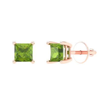 0.5 ctw Peridot Studs Earrings | 3.5mm Princess Cut White Gold Screw back | August Birthstone