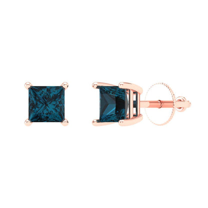 0.5 ctw London Blue Topaz Studs Earrings | 3.5mm Princess Cut White Gold Screw back | December Birthstone