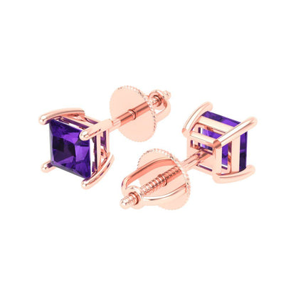 0.5 ctw Amethyst Studs Earrings | 3.5mm Princess Cut White Gold Screw back | February Birthstone