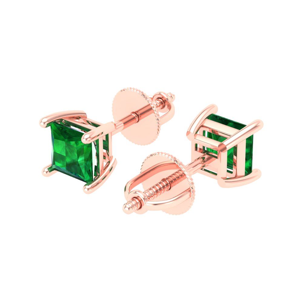 0.5 ctw Emerald Studs Earrings | 3.5mm Princess Cut White Gold Screw back | May Birthstone