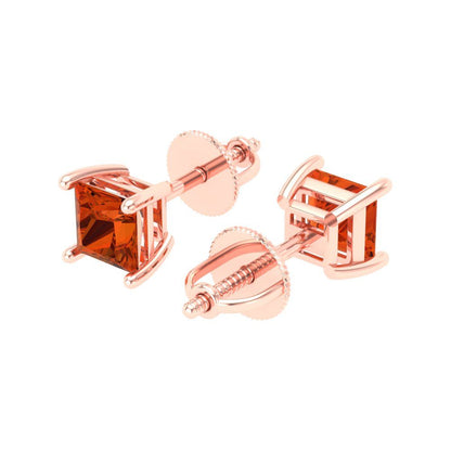 0.5 ctw Red Zirconia Studs Earrings | 3.5mm Princess Cut White Gold Screw back | April Birthstone