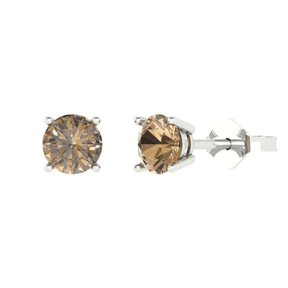 1 ctw Champagne Studs Earrings | 5.0mm Round Cut White Gold Push Back | April Birthstone