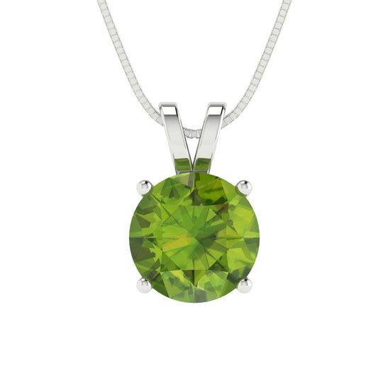 2 tcw Necklace Pendant - 14K White Gold Round Cut Solitaire  Peridot - Adjustable Length - 15in Box Chain to 18in