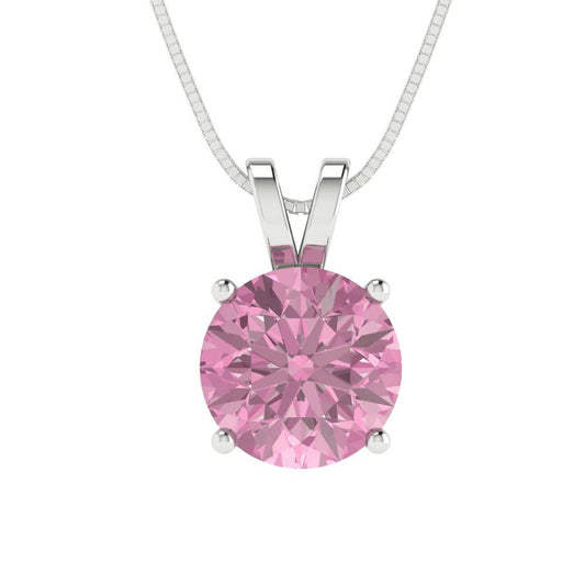2 tcw Necklace Pendant - 14K White Gold Round Cut Solitaire  Pink - Adjustable Length - 15in Box Chain to 18in