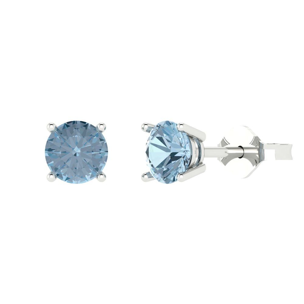 1.5 ctw Aquamarine Studs Earrings | 6mm Round Cut White Gold  Push Back | March Birthstone
