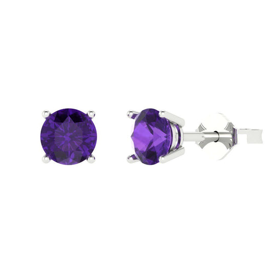 1.5 ctw Amethyst Studs Earrings | 6mm Round Cut White Gold  Push Back | February Birthstone