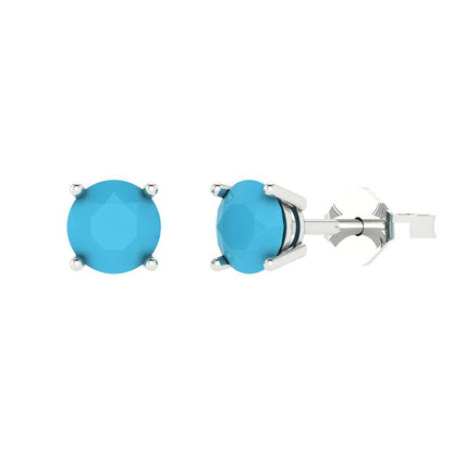 1.5 ctw Turquoise Studs Earrings | 6mm Round Cut White Gold  Push Back | December Birthstone