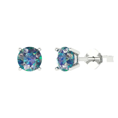 1.5 ctw Blue Moissanite Studs Earrings | 6mm Round Cut White Gold  Push Back | April Birthstone