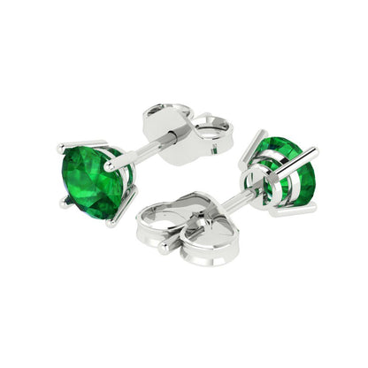1.5 ctw Emerald Studs Earrings | 6mm Round Cut White Gold  Push Back | May Birthstone