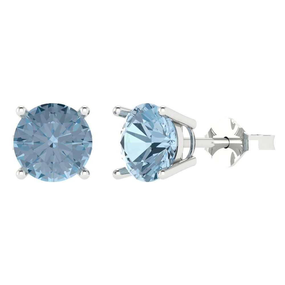 3 ctw Aquamarine Studs Earrings | 7.5mm Round Cut White Gold Push Back | March Birthstone