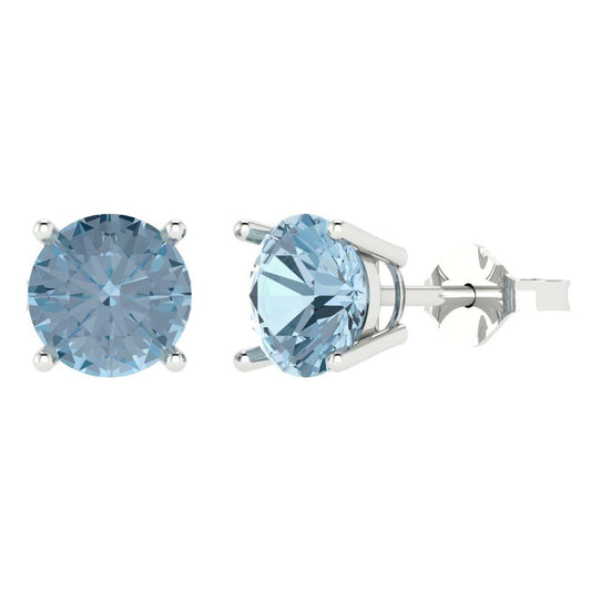 3 ctw Sky Blue Topaz Studs Earrings | 7.5mm Round Cut White Gold Push Back | December Birthstone