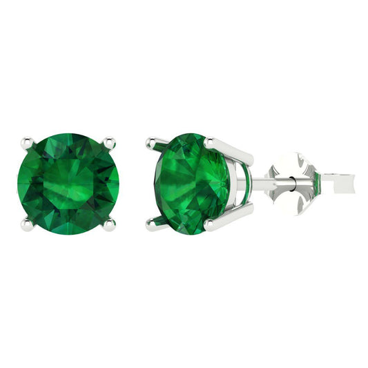 3 ctw Emerald Studs Earrings | 7.5mm Round Cut White Gold Push Back | May Birthstone
