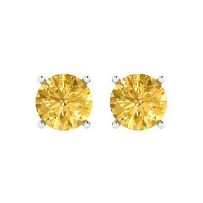 3 ctw Yellow Zirconia Studs Earrings | 7.5mm Round Cut White Gold Push Back | April Birthstone