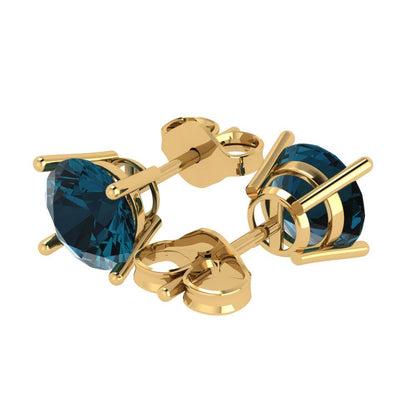 3cttw Round Cut Natural London Blue Topaz Gold-Plated 925 Silver Push Back Stud Earrings