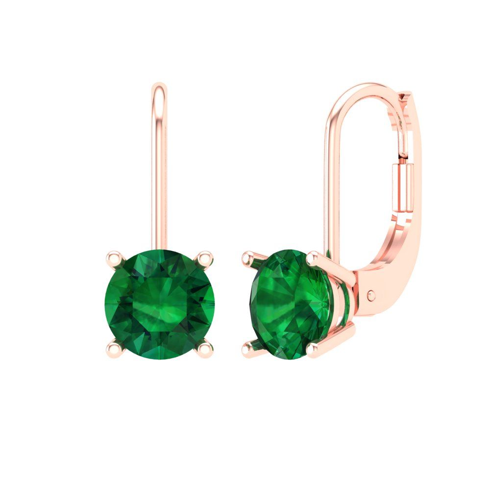 2 ctw Emerald Drop Dangle Earrings | 6.5mm Round Cut White Gold Lever Back | May Birthstone
