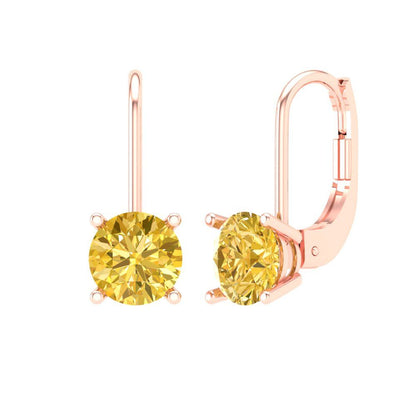 2 ctw Citrine Drop Dangle Earrings | 6.5mm Round Cut White Gold Lever Back | November Birthstone