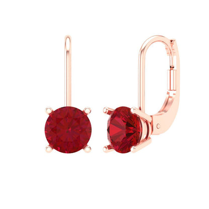 2 ctw Ruby Drop Dangle Earrings | 6.5mm Round Cut White Gold Lever Back | July Birthstone