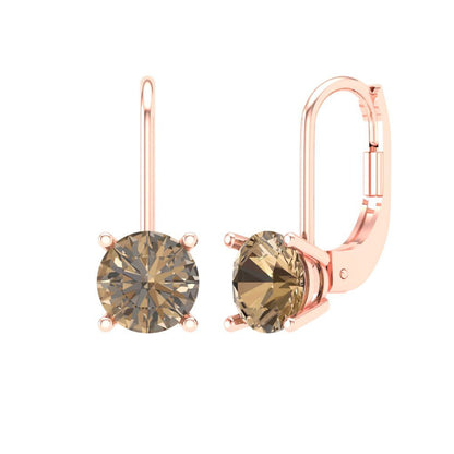 2 ctw Champagne Drop Dangle Earrings | 6.5mm Round Cut White Gold Lever Back | April Birthstone