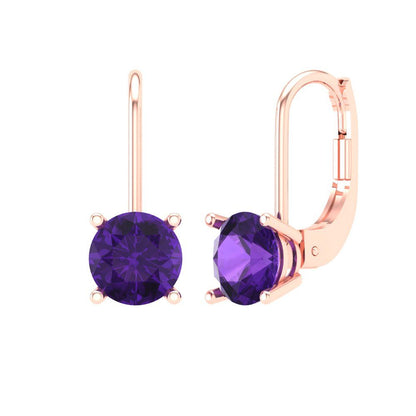 2 ctw Amethyst Drop Dangle Earrings | 6.5mm Round Cut White Gold Lever Back | February Birthstone