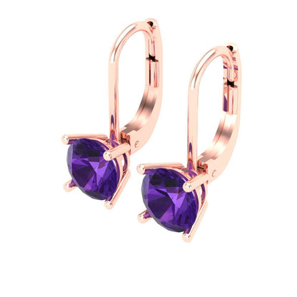 2 ctw Amethyst Drop Dangle Earrings | 6.5mm Round Cut White Gold Lever Back | February Birthstone