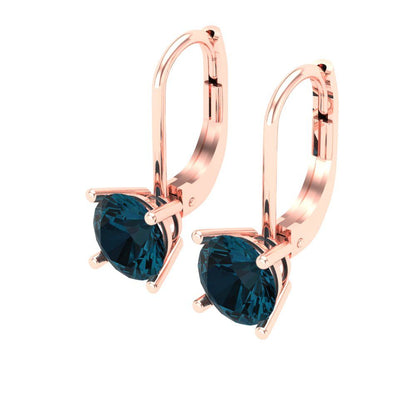 2 ctw London Blue Topaz Drop Dangle Earrings | 6.5mm Round Cut White Gold Lever Back | December Birthstone