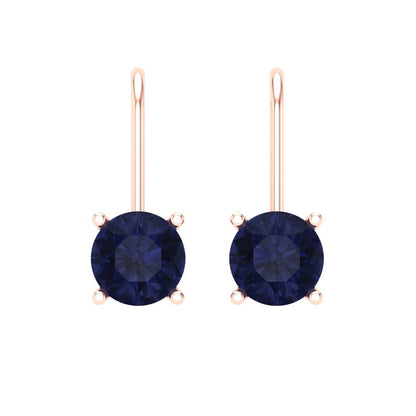 2 ctw Blue Sapphire Drop Dangle Earrings | 6.5mm Round Cut White Gold Lever Back | September Birthstone
