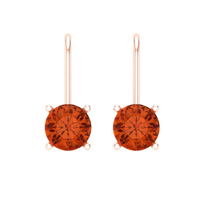 2 ctw Red Zirconia Drop Dangle Earrings | 6.5mm Round Cut White Gold Lever Back | April Birthstone