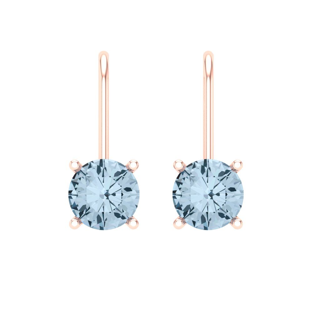 2 ctw Aquamarine Drop Dangle Earrings | 6.5mm Round Cut White Gold Lever Back | March Birthstone