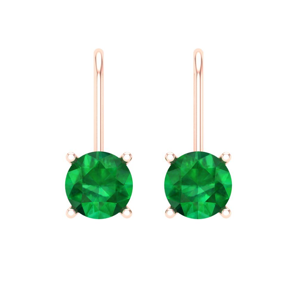 2 ctw Emerald Drop Dangle Earrings | 6.5mm Round Cut White Gold Lever Back | May Birthstone