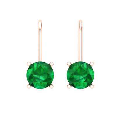 2 ctw Emerald Drop Dangle Earrings | 6.5mm Round Cut White Gold Lever Back | May Birthstone