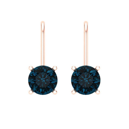 2 ctw London Blue Topaz Drop Dangle Earrings | 6.5mm Round Cut White Gold Lever Back | December Birthstone
