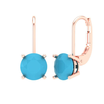 3 ctw Turquoise Drop Dangle Earrings | 7.5mm Round Cut White Gold Lever Back | December Birthstone