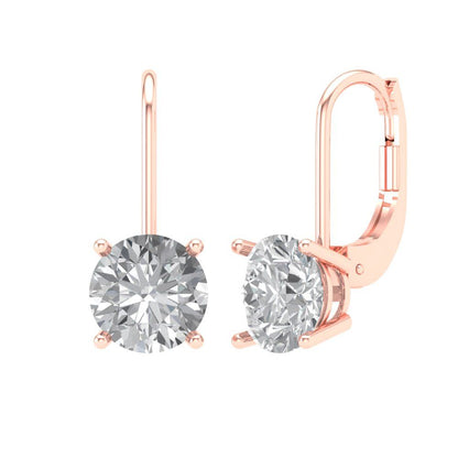 3 ctw Moissanite Drop Dangle Earrings | 7.5mm Round Cut White Gold Lever Back | April Birthstone
