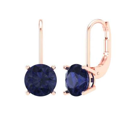 3 ctw Blue Sapphire Drop Dangle Earrings | 7.5mm Round Cut White Gold Lever Back | September Birthstone