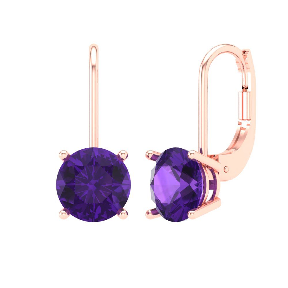 3 ctw Amethyst Drop Dangle Earrings | 7.5mm Round Cut White Gold Lever Back | February Birthstone