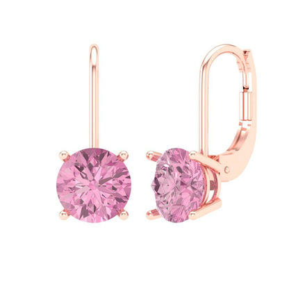 3 ctw Pink Zirconia Drop Dangle Earrings | 7.5mm Round Cut White Gold Lever Back | April Birthstone
