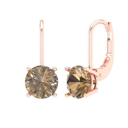 3 ctw Champagne Drop Dangle Earrings | 7.5mm Round Cut White Gold Lever Back | April Birthstone