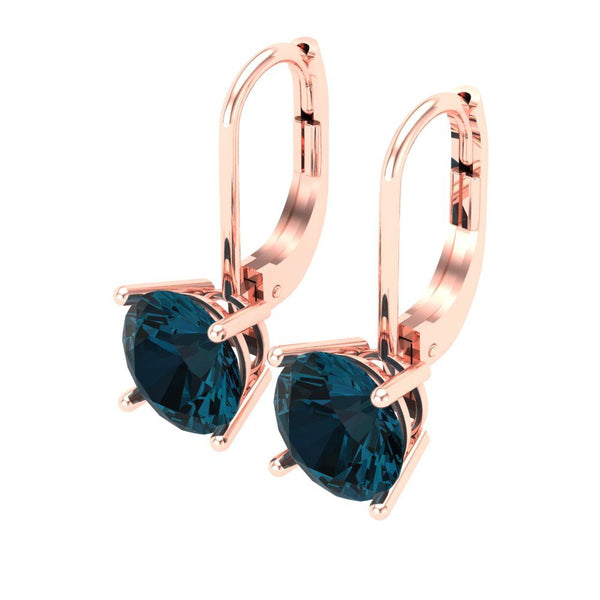 3 ct Brilliant Round Cut Drop Dangle Natural London Blue Topaz Stone Rose Gold Earrings Lever Back