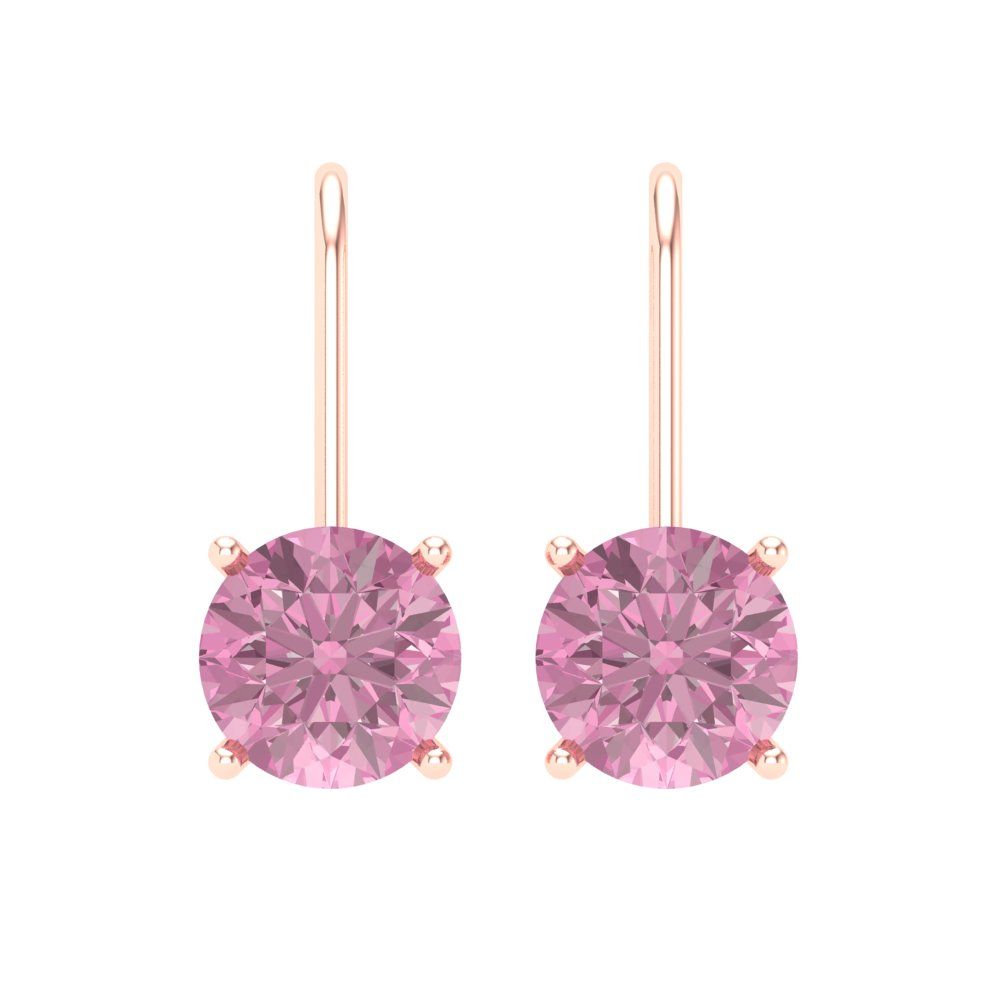 3 ctw Pink Zirconia Drop Dangle Earrings | 7.5mm Round Cut White Gold Lever Back | April Birthstone
