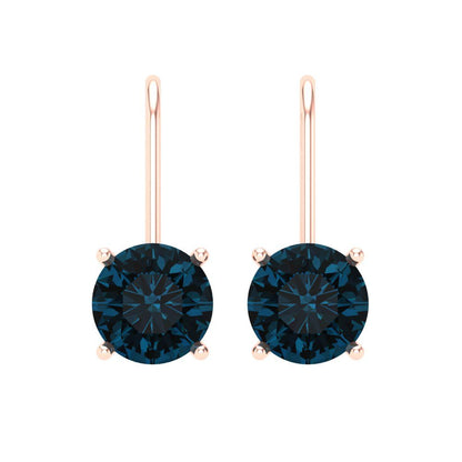 3 ctw London Blue Topaz Drop Dangle Earrings | 7.5mm Round Cut White Gold Lever Back | December Birthstone