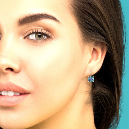 3 ctw Blue Moissanite Drop Dangle Earrings | 7.5mm Round Cut White Gold Lever Back | April Birthstone
