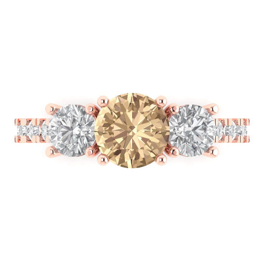 1.97 cttw Yellow Moissanite Three-Stone Engagement Ring - Solid Rose Gold (VVS1, Round Cut,6.5mm)