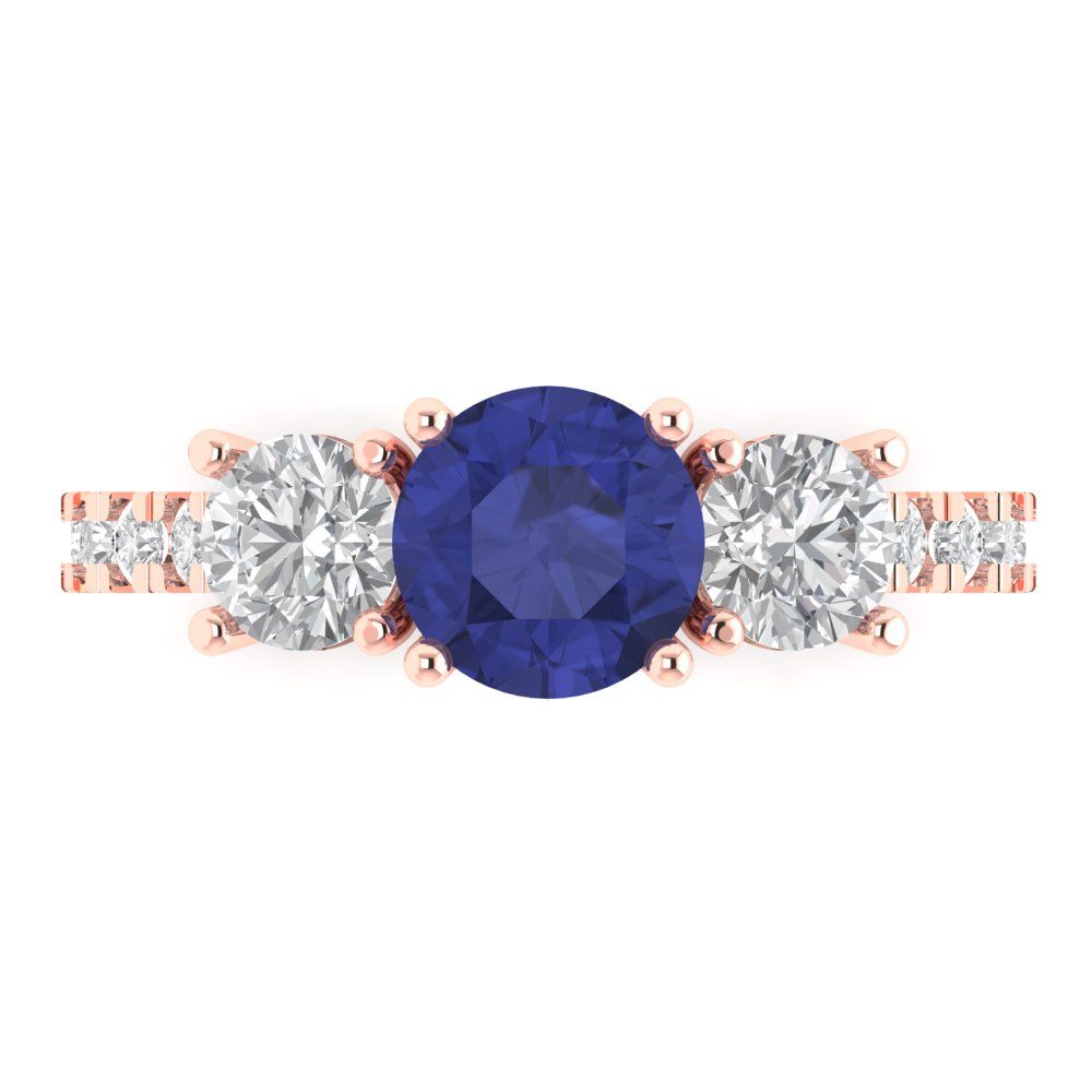 1.97 cttw Simulated Tanzanite Three-Stone Engagement Ring - Solid Rose Gold (VVS1, Round Cut,6.5mm)