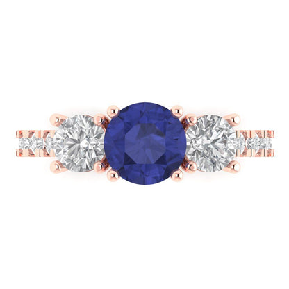 1.97 cttw Simulated Tanzanite Three-Stone Engagement Ring - Solid Rose Gold (VVS1, Round Cut,6.5mm)
