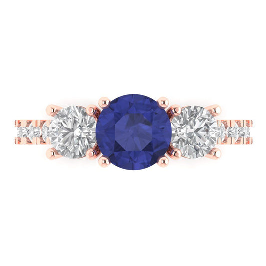 1.97 cttw Simulated Tanzanite Three-Stone Engagement Ring - Solid Rose Gold (VVS1, Round Cut,6.5mm)