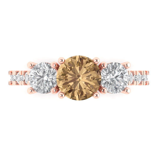 1.97 cttw Zirconia Simulated Champagne Diamond Three-Stone Engagement Ring - Solid Rose Gold (VVS1, Round Cut,6.5mm)
