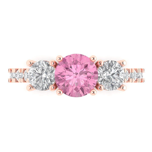 1.97 cttw Zirconia Simulated Pink Diamond Three-Stone Engagement Ring - Solid Rose Gold (VVS1, Round Cut,6.5mm)